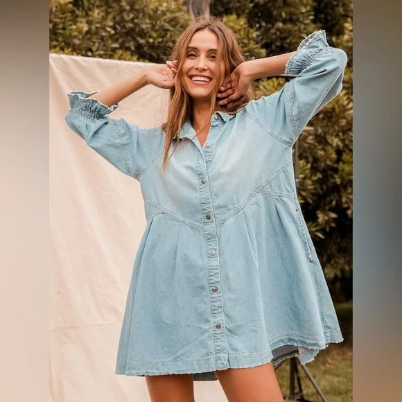 Free People We the Free Hannah Long Sleeve Denim Mini Dress - Picture 3 of 9